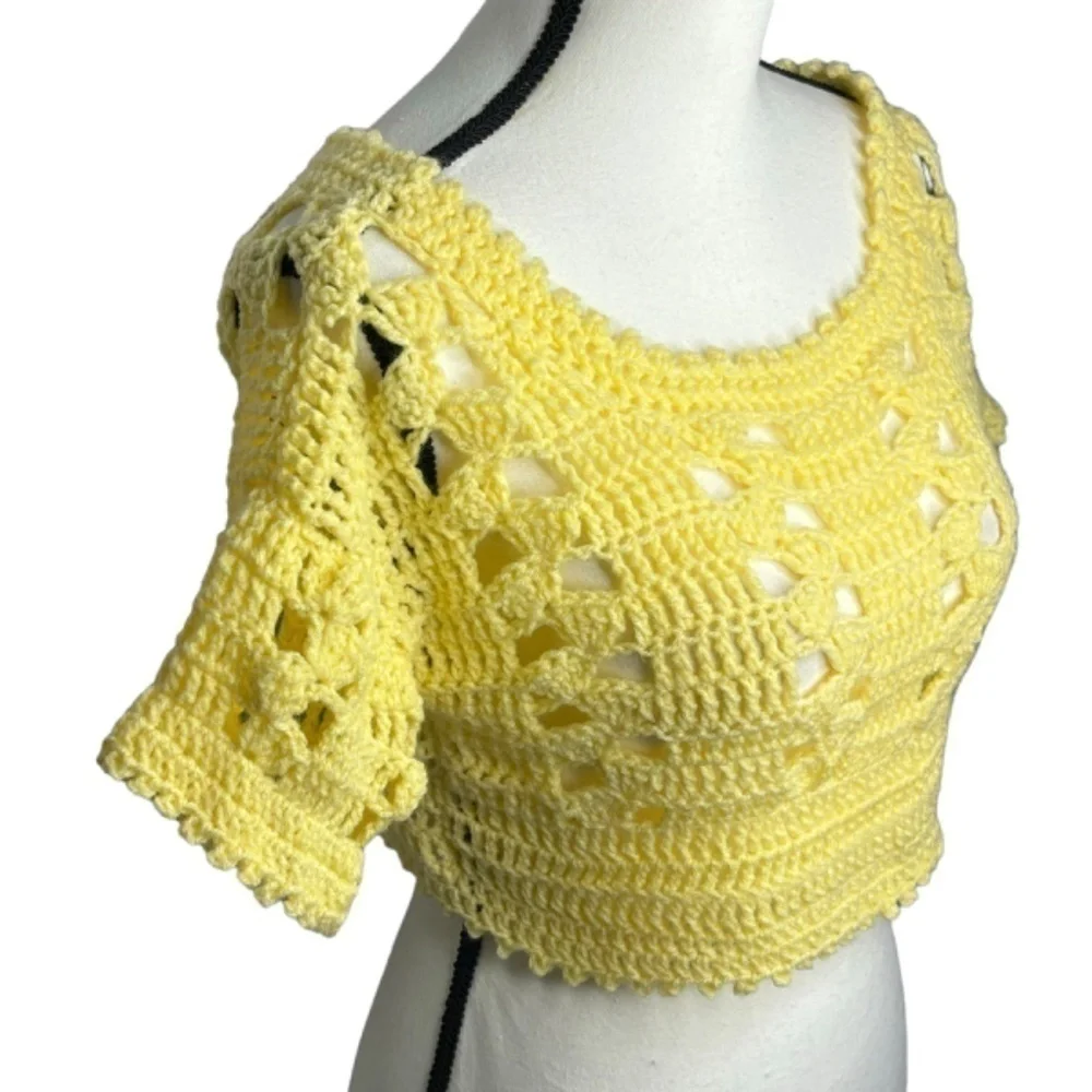 Handmade Crochet Crop Top Light Yellow Acrylic Yarn Short Sleeve Scoop Neck